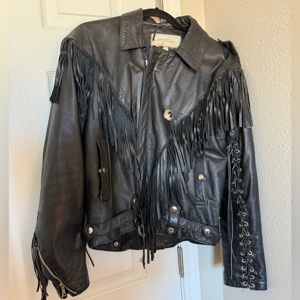 Vintage 80s Black Fringe Leather Motorcycle Jacket